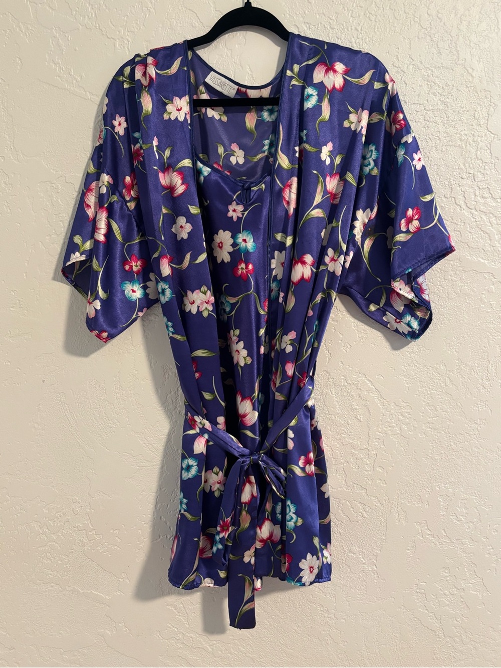 vassarette Purple Floral Satin Kimono Robe and Chemise Set